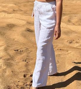 <span class=keywords><strong>Pantaloni</strong></span> da donna <span class=keywords><strong>in</strong></span> cotone e <span class=keywords><strong>lino</strong></span> con coulisse, tinta unita, vita alta, chiusura elastica, gamba larga, casual, anti-piega, tessuto - Product Image 3