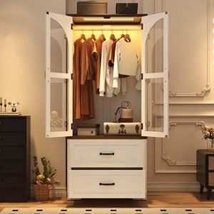 Armario SENYU Estilo Rústico Blanco con Puertas de Vidrio Arqueadas, Armario con Luces LED y Barra para Colgar, Mueble de Almacenamiento de Madera para Dormitorio - Product Image 5