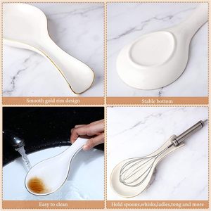 Blanc avec bord doré repose-cuillère en céramique porte-cuillère porte-cuillère pour cuisinière accessoires de bar à café - Product Image 4