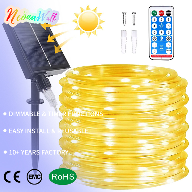 Solar Christmas String Light Outdoor Decoration 200 LED Waterproof Tube Light Copper Wire Automatic Switch Indoor Light Strip