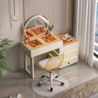 Table de maquillage moderne en bois écologique avec miroir LED, plateau en verre et plusieurs boîtes de rangement pour la chambre à coucher