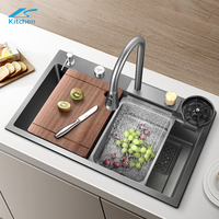 Prix usine au-dessus du comptoir Nano noir bassin fait main 201 304 évier de cuisine en acier inoxydable bassin cascade multifonctionnel