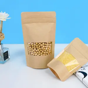 Ziplock tùy chỉnh đứng lên túi cho các loại hạt Snack bao bì có khóa kéo thực phẩm đóng gói Túi giấy Kraft với cửa sổ rõ ràng