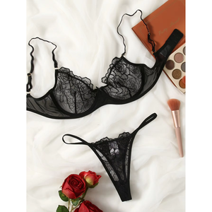 Floral <b>See</b> <b>Through</b> Women Bra Brief Set Underwire Back Closure Sexy Transparent Lingerie Nightwear - Product Image 2