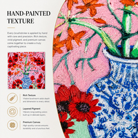Buket Bunga Poppy Vas Porselen Biru Putih Lukisan Cat Minyak Latar Belakang Merah Muda Terang Impasto Fauvist Lukisan Kanvas Lukis Tangan Dekorasi Dinding