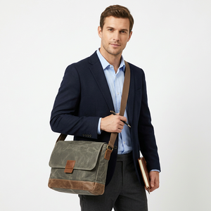Bolso Mensajero Grande de Lona y Cuero Premium, Diseño Marrón, Impermeable, Correa Ajustable, Costuras Resistentes, Cierre de Solapa, Robusto - Product Image 3