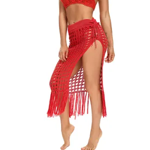 Women Maxi Skirts New Knitted Beach Wrap Summer High Waist Net Sarong Cover Up for Swimwear Sexy Long Slit Tassel Fringe Skirt