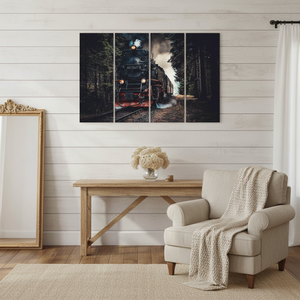 Obra de arte impresa en lienzo: vista panorámica de trenes para decoración de casas de campo, JUEGO DE 4 LIEÑOS - Product Image 3