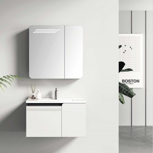 Mueble de baño blanco para montar en la pared con lavabo de cerámica y espejo - Product Image 1