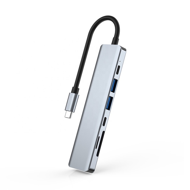 7 in 1 USB Type C Adapter Hub with 4K HD TF/ SD Card Reader USB-C PD Charging 2 USB-A for MacBook and More