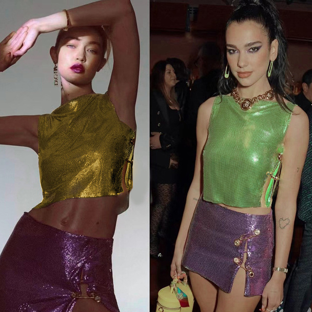 King Mcgreen Star Sparkling Sequin Crop Top Dual Side Slits Women Elegant Party Rave Costume Events Large Pin Linked Design Vest