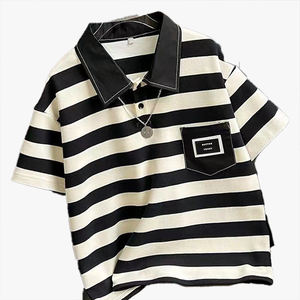 T-shirt en coton pour garçons, vêtements d'été pour enfants plus âgés, haut à manches courtes rayé avec col polo, tendance - Product Image 1