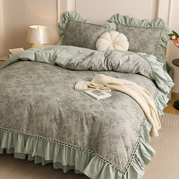Ensemble de literie en coton brossé 100% avec jupe de lit à volants florale 4 pièces, style romantique français shabby chic vert