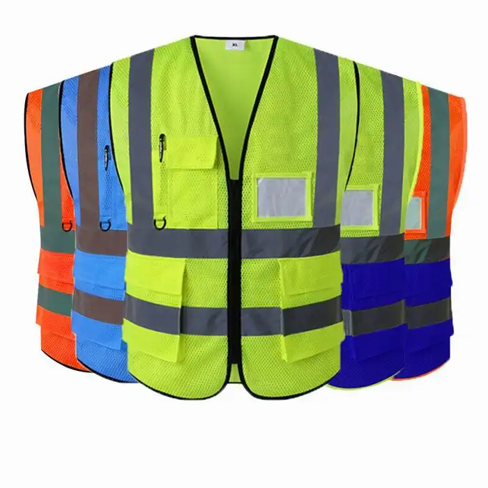 Chaleco reflectante de seguridad de malla de alta visibilidad con logotipo personalizado con bolsillos y cremallera chaqueta reflectante de malla Chaleco de noche de seguridad