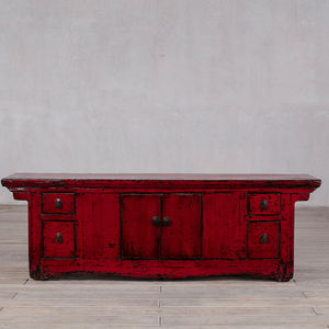 Meuble bas Wabi-Sabi en laque rouge délavée, console TV en bois d'orme vieilli avec finition usée - Product Image 1