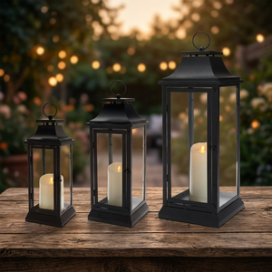 Juego de 3 Faroles Rectangulares de Metal con Luz de Vela, Decoración para el Hogar, Uso en Exteriores, Diseño Duradero - Product Image 1