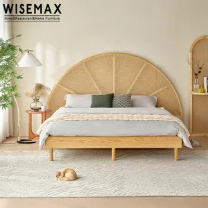 WISEMAX FURNITURE factory wholesale hotel furniture comfortable solid ash wood and rattan double bed for bedroom
