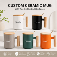 Tasses à café en céramique de porcelaine nordique avec logo personnalisé, poignée en bois, couvercle en bambou et cuillère