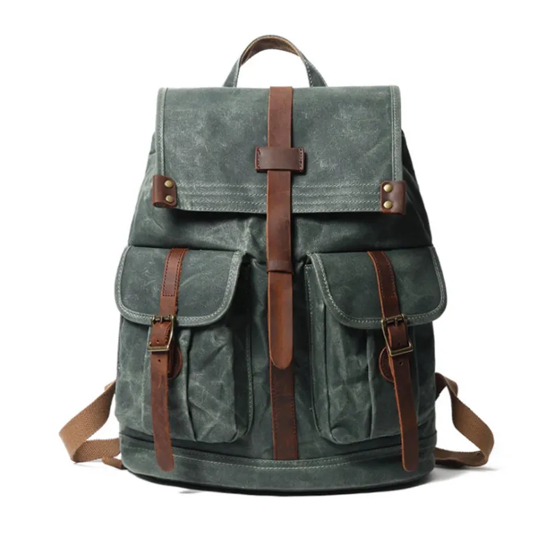 Retro schoolbag waxed canvas leather high school student backpack custom rucksack with logo