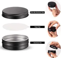 Contenants en aluminium de 2 oz, pots cosmétiques métalliques étanches, couvercles à vis ronds, pots à baume à lèvres noirs, vides et rechargeables