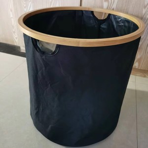 <b>Foldable</b> Waterproof Wooden Laundry <b>Basket</b> Black Round Standing Type For Bathroom Clothing Storage Organizer - Product Image 4