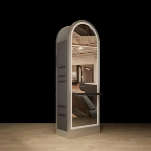 Specchio da Salone Moderno a Forma di Arco con Luci LED, Specchio per Parrucchiere Autoportante con Unità Laterale con Cassetti e Armadietto - Product Image 3