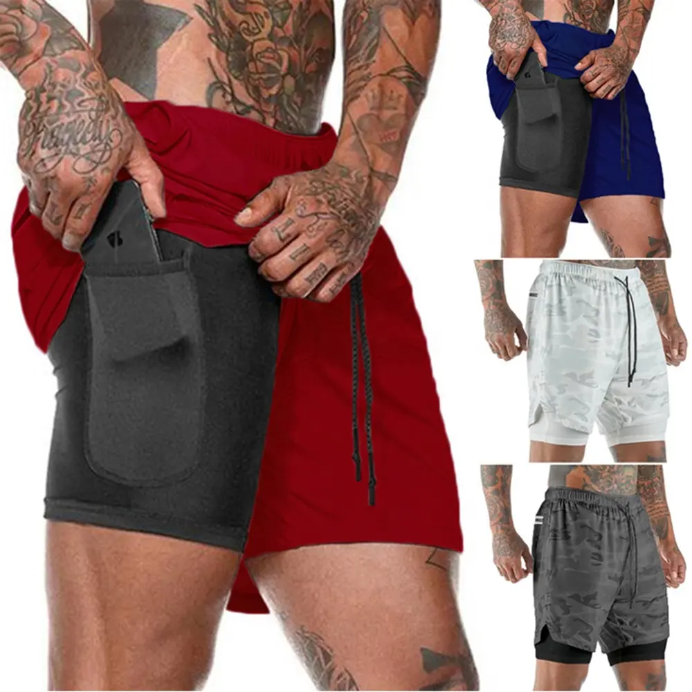 Men's custom gym sports 2 in 1 fitness running jogger shorts training double layer 4 way stretch activewear liner shorts for men