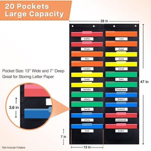 Organizador de pared con 20 bolsillos, organizador de almacenamiento con 4 perchas para carpetas de archivos de oficina y escuela, color negro, Oxford 420D - Product Image 2