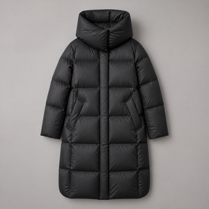 Manteau long en duvet noir unisexe pour femme avec capuche, fermeture éclair, imperméable, en polyester épais, coupe droite, style minimaliste - Product Image 2