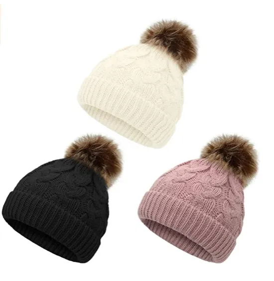 Wholesale Hot Sale Women Winter Knitted Beanie Hat With Faux Fur Pom Pom Warm Knit Cap Beanie With Logo Custom