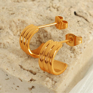 ต่างหูฮักกี้ ดีไซน์ทรงเรขาคณิต สีทอง เงิน ไทเทเนียม สตีล สำหรับทุกเพศ ใส่ได้ทุกวัน EH535 - Product Image 2