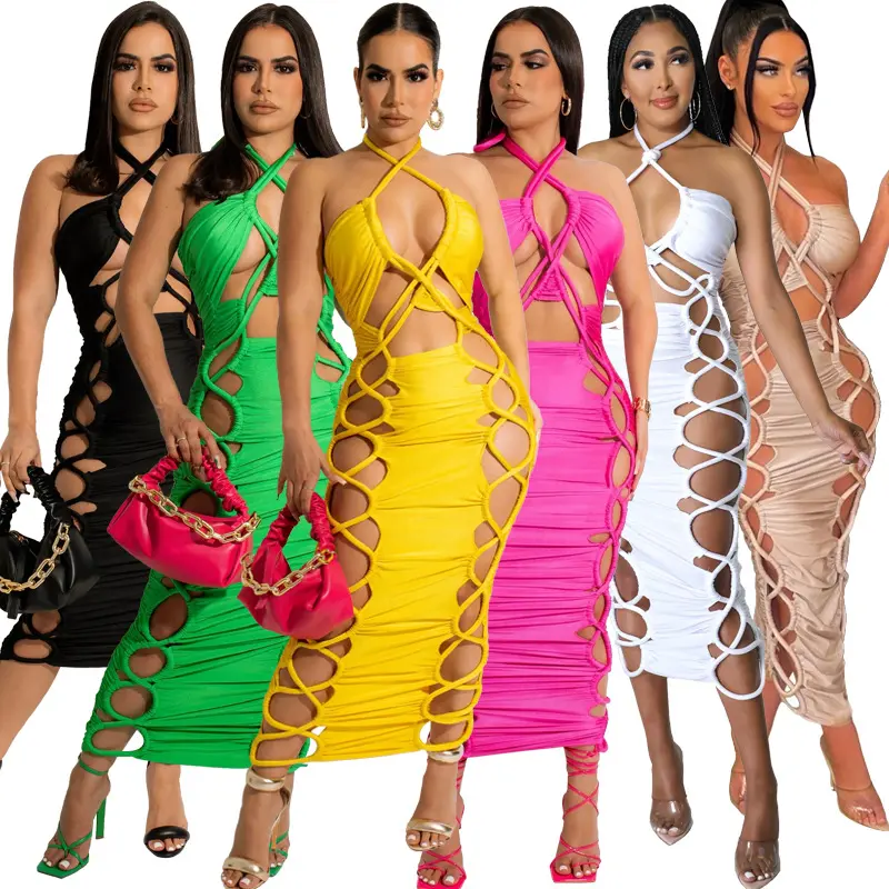 Lvcong Halter Cross Wrap Backless Bodycon Jurk Maxi Hollow Uitsnede Hole Sexy Club Party Wear Plus Size Night Jurk voor Dames