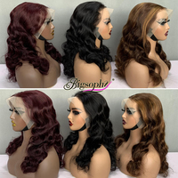 Peluca frontal de encaje de doble trama de alta calidad, cabello ondulado Ocean Wave, color natural vino piano, 100% cabello humano, pelucas peruanas de cabello humano