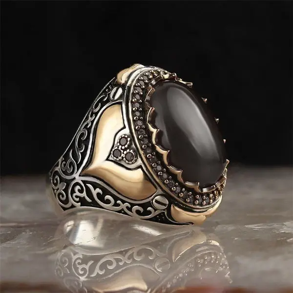 Crown Men's Ring Style Ring Agate Stone Ring Black Middle Eastern Vintage Natural Trendy Trade Assurance Plating Alloy Geometric