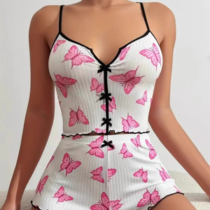 Conjunto de Pijama con Estampado de Corazón, Pijama de Color en Contraste con Abertura Frontal y Tirantes, Ropa de Dormir - Product Image 4