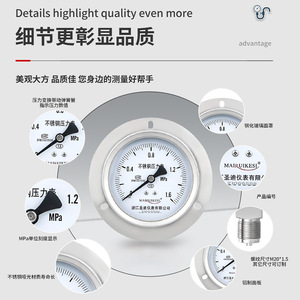 Y100ZTBF Oil-fillable Axial Pressure <b>Gauge</b> with Edge, WIKA Style, Water/Gas Pressure Universal, M20*1.5 Stainless Steel - Product Image 1