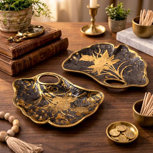 Assiettes décoratives en métal orientales faites à la main avec incrustations dorées, motif floral, forme irrégulière, pour cadeaux - Product Image 2