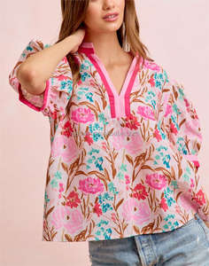 Blusa Casual de Verano <span class=keywords><strong>para</strong></span> <span class=keywords><strong>Mujer</strong></span>, Estilo Bohemio, con Mangas Abullonadas, Estampado Floral Rosa, Cuello en V, con Ribete en Contraste - Product Image 4