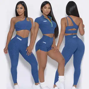 OEM wanita olahraga Bra lengan pendek Crop Top Gym kebugaran Set Butt Lift olahraga pakaian olahraga bentuk V kerut legging latihan Yoga Set