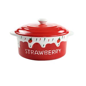 Bol à nouilles en céramique à double anse avec couvercle, grande taille, résistant aux hautes températures, avec motif fraise en relief, livraison gratuite - Product Image 2