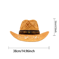 Chapeau de cowboy creux aspect paille, style Panama, protection solaire, orné de perles en bois et de pierres précieuses, pour adultes, idéal pour les festivals