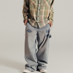 Custom Men <b>Light</b> Blue Washed Patch Wide Leg Carpenter Jeans Loose Baggy Denim Pants Vintage Streetwear <b>Trousers</b> - Product Image 2