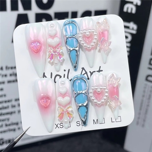 <span class=keywords><strong>Uñas</strong></span> Postizas Color Rosa Dulce para el Día de San Valentín con Diseños de Corazón y Lazo, <span class=keywords><strong>Uñas</strong></span> Acrílicas con Punta Francesa, Forma de Almendra - Product Image 4