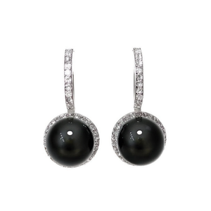 Pendientes de Perlas de Tahití, Plata 925 con Baño de Rodio, Perla Cultivada Negra Redonda AAA, Engaste en Bisel, Joyería de Lujo para Mujer, para Fiestas - Product Image 1