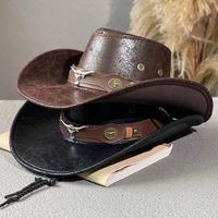 Sombrero de vaquero de cuero personalizado al por mayor, sombrero de Sol de ala ancha de estilo occidental con protección UV para montar al aire libre, fiesta de viaje