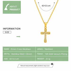 Collar con Cruz de Circonio, Acero Inoxidable, Chapado en Oro de 14K al Vacío, Cadena con Colgante de 42+5.5 cm, 2.5 g - Product Image 2
