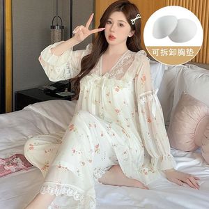 SWD alla moda con scollo a V pigiama con fiocco dolce stile principessa pantaloni a <span class=keywords><strong>maniche</strong></span> <span class=keywords><strong>lunghe</strong></span> in Mesh camicie da <span class=keywords><strong>notte</strong></span> da donna a due pezzi - Product Image 5