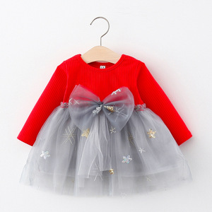 Vestido de Princesa con Parches de Malla para Niñas, Otoño 2020, Nuevo Estilo Informal con Lazo, Vestido Sólido a la Moda para Bebés - Product Image 3