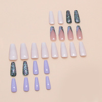 Ongles en forme de cercueil, French manucure violette, paillettes lavande, faux ongles à presser, fabriqués à la machine en ABS, lot de 24 ongles French manucure XL