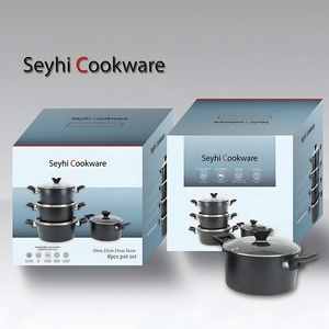 طقم أواني طهي من 8 قطع للاستخدام المنزلي، قدور طهي من حديد الزهر باللون الأسود مع أغطية زجاجية - Product Image 1